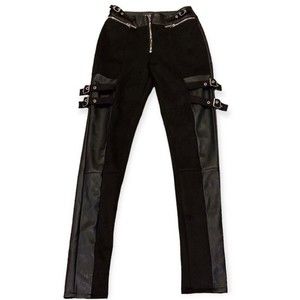 Maniere De Voir Pants Vegan Leather Buckle Strap Pants  Black